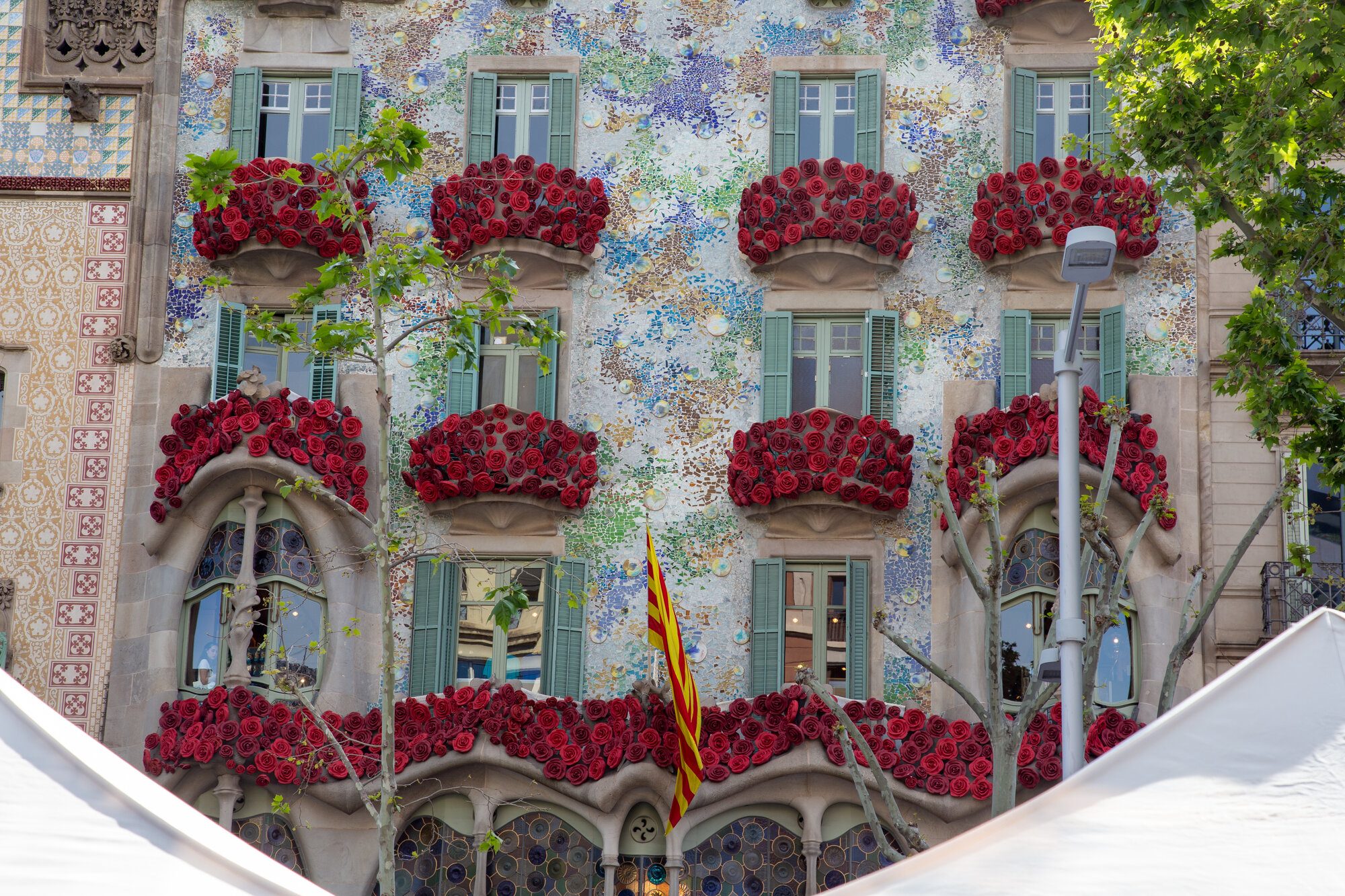 Casa Batlló decorated with roses for Sant Jordi in Barcelona