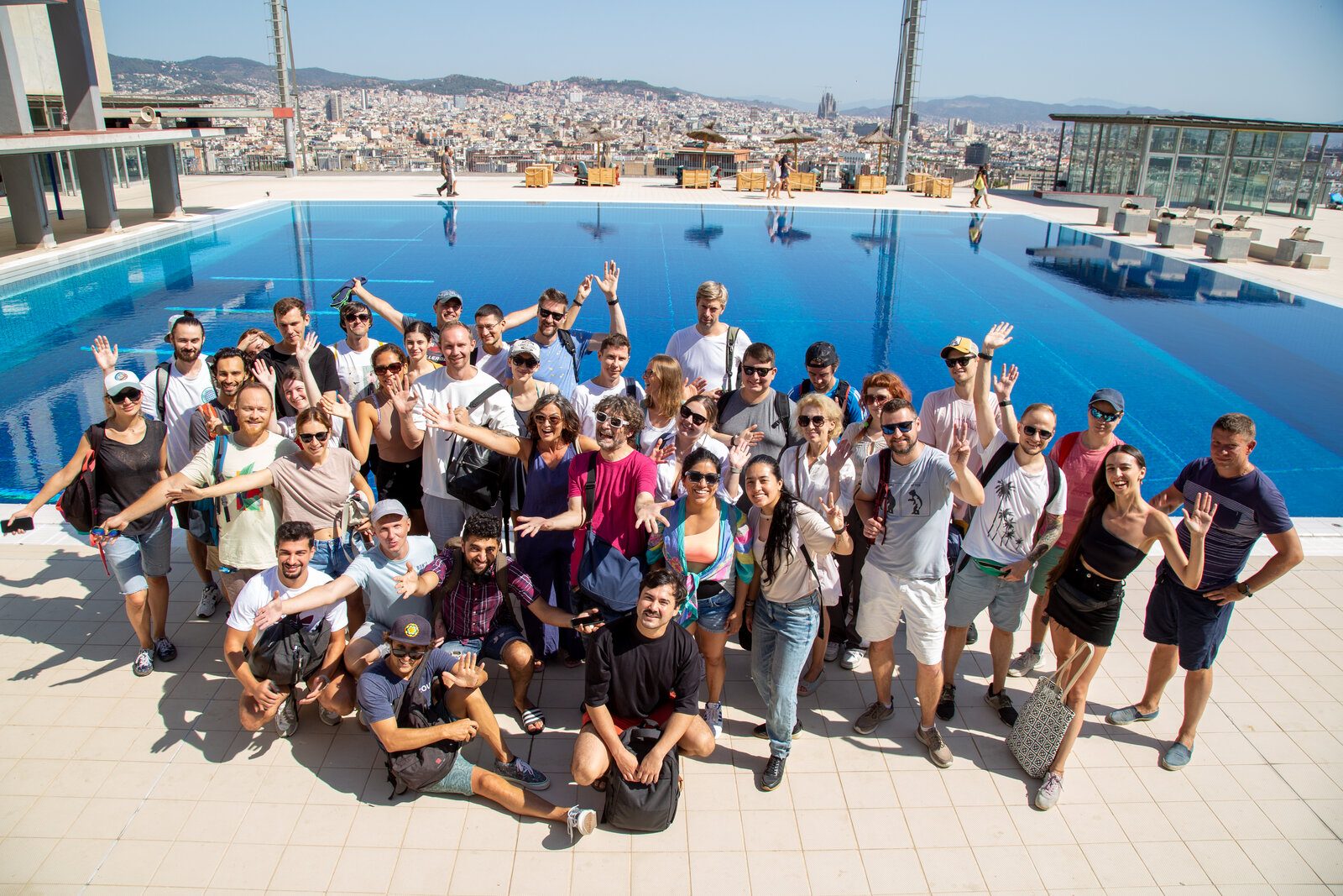 Group of students at a Barcelona rooftop pool